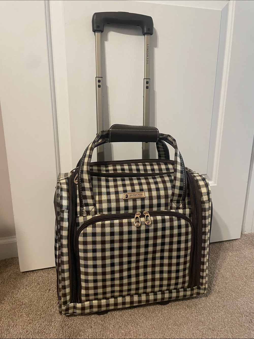 London Fog Brown and Cream Checked Rolling Travel Tote